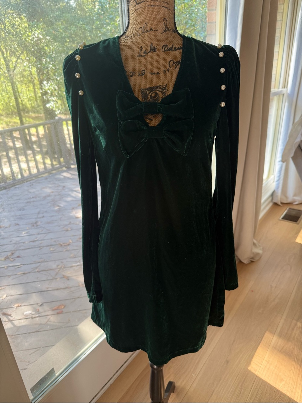 Peach Love California Emerald Velvet Bow-Front Long Sleeve Dress